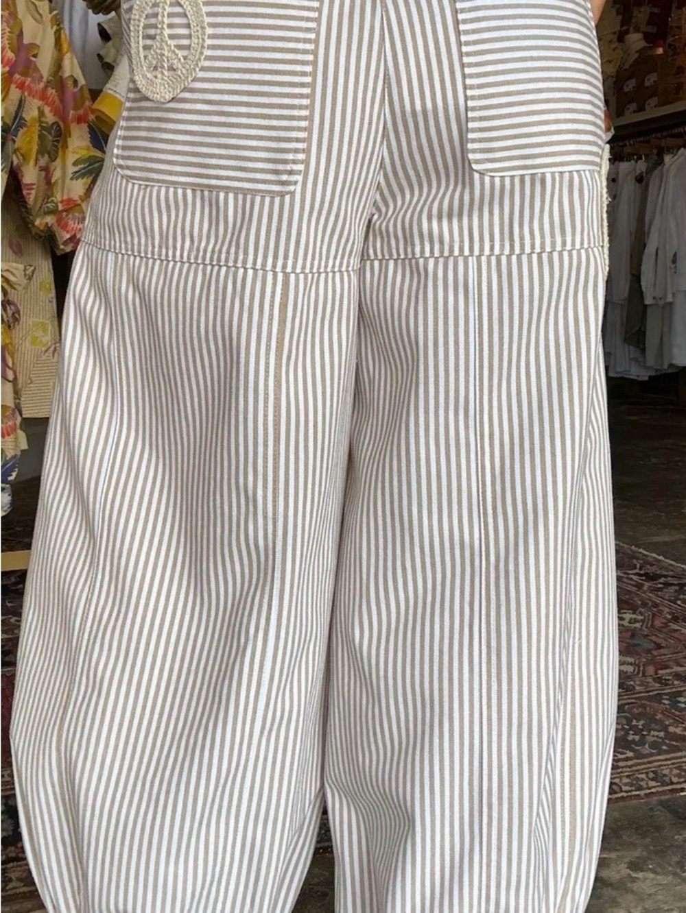 DAVI & DANI Taupe and White Striped Wide-Leg Peace Patch Pants - Picture 4 of 10